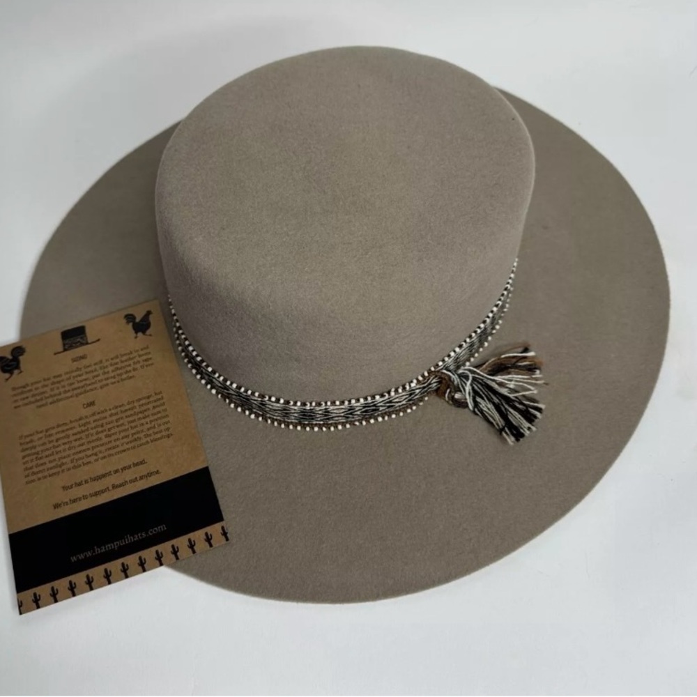 Hampui Greige Wide Brim Bolo Hat with Tassel Detail - 100% wool